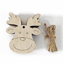Unfinished Wood Pendant Decorations, with Hemp Rope, for Christmas Ornaments, Deer, 7.5x6.3cm, 10pcs/bag(XMAS-PW0001-170-05)