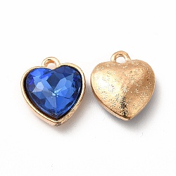 Faceted Glass Rhinestone Pendants, with Golden Tone Zinc Alloy Findings, Heart Charms, Blue, 16.5x14x6.5mm, Hole: 1.6mm(GLAA-I051-B03)