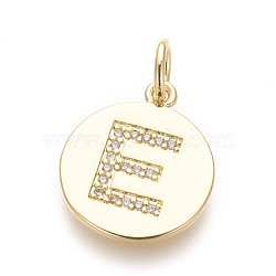 Brass Micro Pave Cubic Zirconia Pendants, Lead Free & Cadmium Free, Flat Round with Letter, Golden, Letter.E, 17.5x15x1.5mm, Hole: 3mm(ZIRC-E152-06E-G-RS)