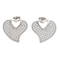 Brass Pave Cubic Zirconia Stud Earrings, Heart, Platinum, 17x19mm(EJEW-U005-10P)