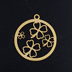 201 Stainless Steel Pendants, Circle with Clover, Golden, 22.5x20x1mm, Hole: 1.5mm(STAS-S105-JN385-2)