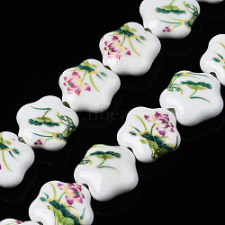 Handmade Porcelain Ceramic Beads Strands, Flower Printed, Flower, Old Rose, 14x15x6mm, Hole: 1.8mm, about 23pcs/strand, 12.4 inches(31.5cm)(PORC-S502-036D)