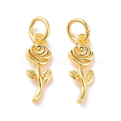 Brass Charms, with Jump Ring, Cadmium Free & Lead Free, Rose, Real 18K Gold Plated, 14x5x1.5mm, Hole: 3mm(KK-G418-18G)