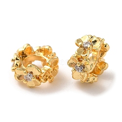 Brass Micro Pave Cubic Zirconia Beads, Ring with Flower, Real 18K Gold Plated, 8x4.5mm, Hole: 4mm(KK-P239-31A-G)