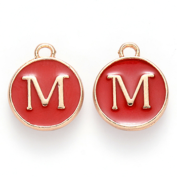 Golden Plated Alloy Enamel Charms, Cadmium Free & Lead Free, Enamelled Sequins, Flat Round, Red, Letter.M, 14x12x2mm, Hole: 1.5mm