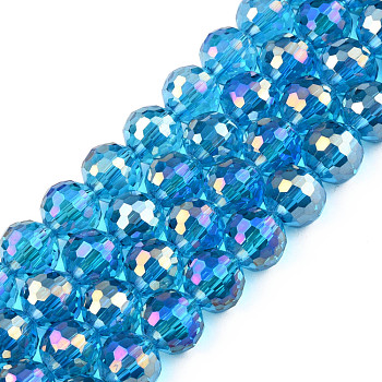 Electroplate Transparent Glass Beads Strands, AB Color, Faceted, Round, Deep Sky Blue, 9.5x9mm, Hole: 1.2mm, about 69pcs/strand, 24.41 inch(62cm)