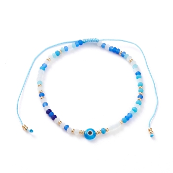 Adjustable Nylon Cord Braided Bead Bracelets, with Evil Eye Lampwork Beads, FGB Glass Seed Beads and Frosted Glass Beads, Dodger Blue, Inner Diameter: 2-1/8~4-1/8 inch(5.3~10.3cm)