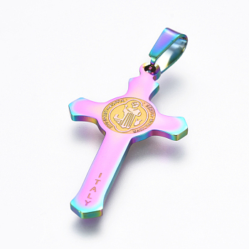 Ion Plating(IP) 304 Stainless Steel Pendants, Religion, Cross with Saint Benedict, Rainbow Color, 37.8x21x1.3mm, Hole: 3.7x7.7mm