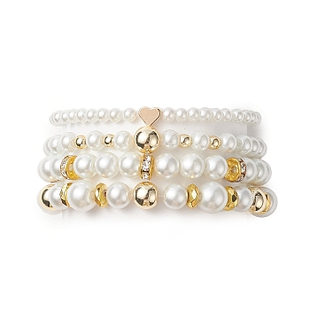 Glass Imitation Pearl Bead Stretch Bracelets, Brass Heart & Synthetic Hematite Bead Jewelry for Women, White, Inner Diameter: 2~2-1/8  inch(5.2~5.5cm), 4pcs/set