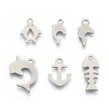 201 Stainless Steel Charms, Laser Cut, Fish, Stainless Steel Color, 12~18x7~13.5x0.7~0.8mm, Hole: 1.4~1.8mm, 6 patterns, 1 pattern/200pcs