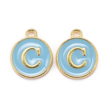 Golden Plated Alloy Enamel Charms, Cadmium Free & Lead Free, Enamelled Sequins, Flat Round, Sky Blue, Letter.C, 14x12x2mm, Hole: 1.5mm