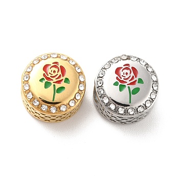 304 Stainless Steel European Beads, with Enamel & Rhinestone, Large Hole Beads, Flat Round with Rose, Golden & Stainless Steel Color, 12x8mm, Hole: 4mm