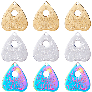 12Pcs 3 Colors 304 Stainless Steel Pendants, Heart with Cat Charms, Mixed Color, 25x22x1.4mm, Hole: 2mm, 4pcs/color