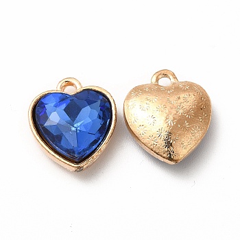Faceted Glass Rhinestone Pendants, with Golden Tone Zinc Alloy Findings, Heart Charms, Blue, 16.5x14x6.5mm, Hole: 1.6mm