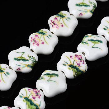 Handmade Porcelain Ceramic Beads Strands, Flower Printed, Flower, Old Rose, 14x15x6mm, Hole: 1.8mm, about 23pcs/strand, 12.4 inches(31.5cm)