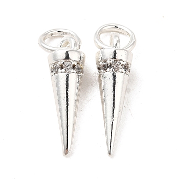 Rack Plating Brass Micro Pave Cubic Zirconia Charms, Long-Lasting Plated, Cadmium Free & Lead Free, with Jump Ring, Cone/Spike Charm, Silver Color Plated, 15x4mm, Hole: 3.5mm