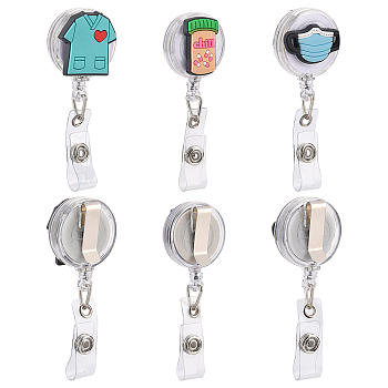 ARRICRAFT 6Pcs 3 Style Plastic Retractable Badge Reel, Card Holders, with Alligator Clips, Flat Round with Pill & Clothes & Mask Pattern, Mixed Color, 86~117mm