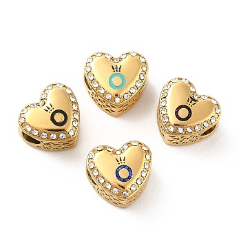 304 Stainless Steel European Beads, Large Hole Beads, with Rhinestone and Enamel, Heart with Ring, Mixed Color, Golden, 11.5x12.5x8.2mm, Hole: 4.2mm