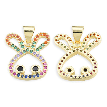 Brass Micro Pave Cubic Zirconia Pendants, with Brass Snap on Bails, Nickel Free, Real 18K Gold Plated, Rabbit Charm, Colorful, 16.5x15x2.5mm, Hole: 3.5x4mm