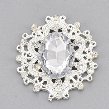 Alloy Cabochons, with Acrylic Rhinestone and Glass Rhinestone, Faceted, Flower, Silver, Clear, 32.5x29x6mm