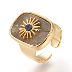 Natural Labradorite & Lapis Lazuli Cuff Rings, Open Rings, Long-Lasting Plated, Rectangle with Sun, Real 18K Gold Plated, Size 7, Inner Diameter: 17mm(RJEW-P016-01A-02G)