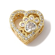 Heart with Paw Print Pattern Rack Plating Brass Micro Pave Cubic Zirconia European Beads, Large Hole Beads, Cadmium Free & Lead Free, Long-Lasting Plated, Real 18K Gold Plated, Clear, 12x13x8.5mm, Hole: 4.5mm(KK-G511-05B-G)