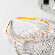 Wire Wrapped Natural Rose Quartz Chip Hair Bands, with Metal Hoop, for Women Girls, 140x120x25mm(PW-WG27230-11)