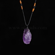 Natural Raw Amethyst Nugget Pendant Necklaces, Braided Cord Necklace for Women, 23-5/8 inch(60cm)(PW-WG79580-05)
