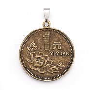 Tibetan Style Alloy Coin Pendants, with Stainless Steel Findings, Flat Round, Antique Bronze & Stainless steel Color, 42x37.5x2mm, Hole:3x7mm(PALLOY-E509-01AB)