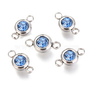 304 Stainless Steel Rhinestone Links Connectors, Flat Round, Stainless Steel Color, Capri Blue, 12x6.5x4mm, Hole: 2mm(STAS-P237-17P-06)