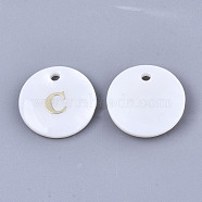 Natural White Shell Mother of Pearl Shell Charms, with Iron Sticker, Flat Round with Letter, Letter.C, 13x2mm, Hole: 1.5mm(X-SSHEL-N036-053C)
