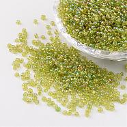Round Trans. Colors Rainbow Glass Seed Beads, Green Yellow, 
Size: about 2mm in diameter, hole:1mm, about 3306pcs/50g(X-SEED-A007-2mm-164)