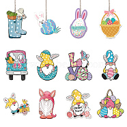 Easter Theme Wooden Pendant Decorations, Jute Cord Hanging Ornaments, Mixed Shapes, Mixed Shapes, 60~100x60~100mm, Hole: 3mm, 12style, 3pcs/style, 36pcs/set(WOOD-WH0037-009)