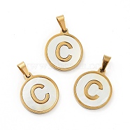 Vacuum Plating 304 Stainless Steel with White Shell Pendants, Golden, Flat Round with Letter Charm, Letter.C, 18x16x1.5mm, Hole: 3x6mm(STAS-G268-01C-G)