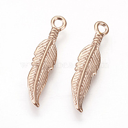 304 Stainless Steel Pendants, Feather, Rose Gold, 25.5x6x2.5mm, Hole: 2mm(STAS-E446-08RG)