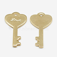 Brass Pendants, Key with Word Word, Real 18K Gold Plated, 22x12x1mm, Hole: 1mm(KK-N200-089)