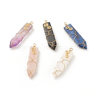 Natural Mixed Gemstone Pointed Pendants, with Golden Tone Copper Wire wrapped, Sword, 58~60.5x14~15x7.5~9mm, Hole: 3~3.5mm(PALLOY-JF01501)
