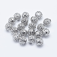 Brass Beads, Long-Lasting Plated, Real Platinum Plated, Nickel Free, Hollow, Round, 8mm, Hole: 3mm(KK-G331-48P-NF)
