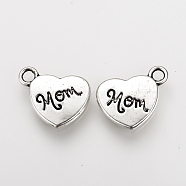 Mother's Day Theme, Tibetan Style Alloy Pendants, Heart with Word Mom, Cadmium Free & Nickel Free & Lead Free, Antique Silver, 15x17.5x2.5mm, Hole: 2.5mm(X-TIBEP-Q078-45AS-NR)