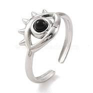 Natural Black Agate Finger Rings, Eye 304 Stainless Steel Open Cuff Rings for Women, Stainless Steel Color, 10.5mm, Inner Diameter: Adjustable(RJEW-F166-56P)