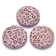Painted Natural Wood Beads, Laser Engraved Pattern, Flat Round with Leopard Print, Plum, 30x5mm, Hole: 1.6mm(WOOD-N006-07J)
