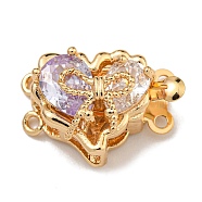 Brass Micro Pave Cubic Zirconia Box Clasps, Heart, Real 18K Gold Plated, 2-Strand, 4-Hole, Thistle, 12.5x18x9mm, Hole: 1.2mm(KK-U037-40G-D)