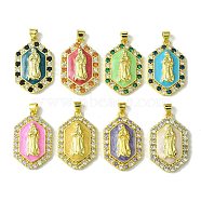 Brass Micro Pave Cubic Zirconia Pendants, with Enamel, Hexagon & Virgin, Mixed Color, 29.5x19x5.5mm, Hole: 5x3.5mm(KK-H472-01G)