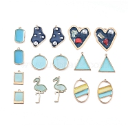 Epoxy Resin Pendants, with Golden Tone Alloy Findings, Heart & Rectangle & Flamingo Shape & Flat Round & Oval & Triangle, Blue, 21.5~40x15~34.5x1.5~6.5mm, Hole: 1.6~3mm, 16pcs/set(RESI-X0001-10)
