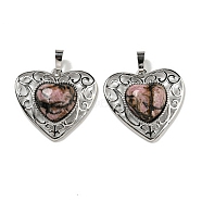 Natural Rhodonite Peach Love Heart Pendants, Rack Plating Brass Hollow Heart Charms, Cadmium Free & Lead Free, 29.5x30.5x7.5mm, Hole: 7.5x5mm(G-G158-01R)