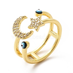 Enamel Evil Eye & Cubic Zirconia Moon Star Open Cuff Ring, Brass Jewelry for Women, Real 18K Gold Plated, US Size 7 1/4(17.5mm)(KK-H439-32G)