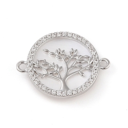 Brass Pave Shell Flat Round Connector Charms, Tree of Life Charms with Clear Cubic Zirconia, Real Platinum Plated, 15x20x2.5mm, Hole: 1.2mm(KK-Q816-06P)