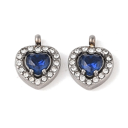 304 Stainless Steel Cubic Zirconia Pendants, with Rhinestone, Heart Charms, Medium Blue, 12.5x10x3.5mm, Hole: 1.8mm(STAS-A076-02P-02)