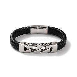 Men's Braided Black PU Leather Cord Bracelets, Hollow Rectangle 304 Stainless Steel Link Bracelets with Magnetic Clasps, Antique Silver, 8-3/4 inch(22.2cm)(BJEW-K243-22AS)
