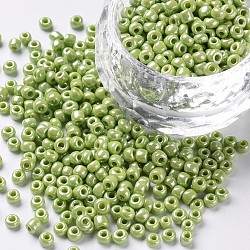 8/0 Glass Seed Beads, Opaque Colors Lustered, Round, Round Hole, Green Yellow, 8/0, 3mm, Hole: 1mm, about 1111pcs/50g, 50g/bag, 18bags/2pounds(SEED-US0003-3mm-124)